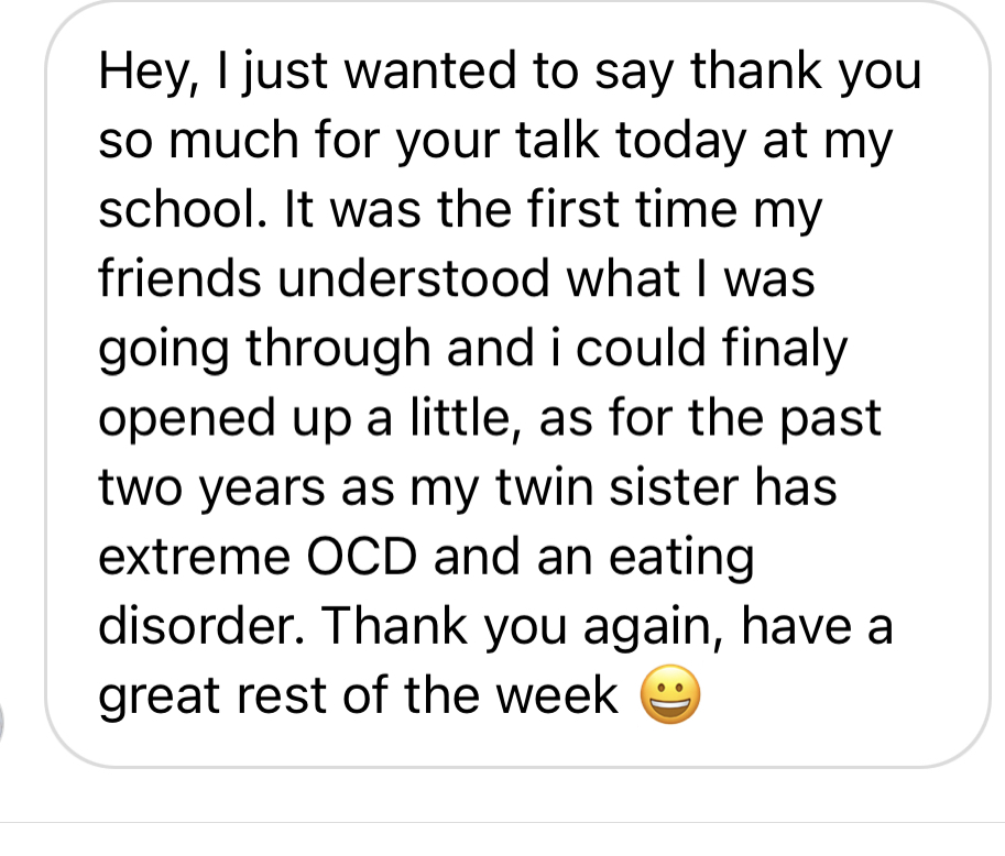 Instagram DM from a student whose twin has OCD and an eating disorder