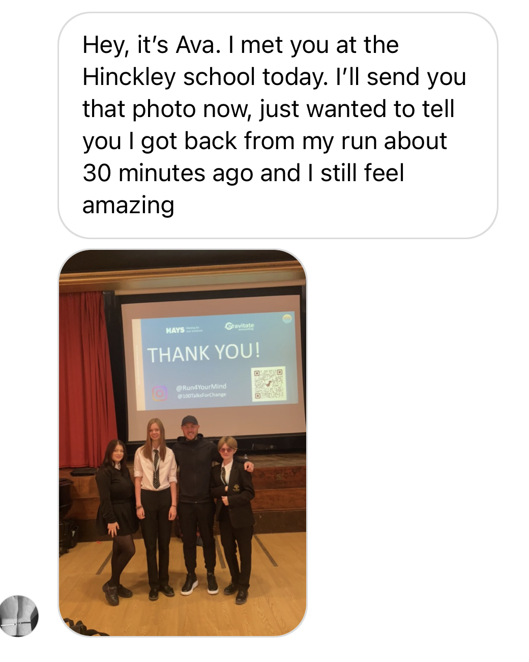Instagram DM from Ava at Hinckley school with photo