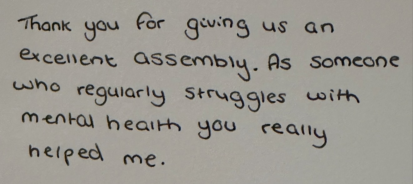 Handwritten thank you note about an excellent assembly