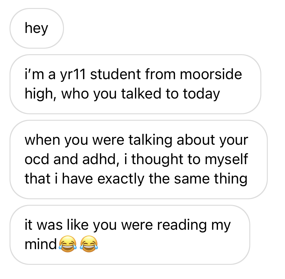 Instagram DM from a Year 11 at Moorside High about OCD and ADHD