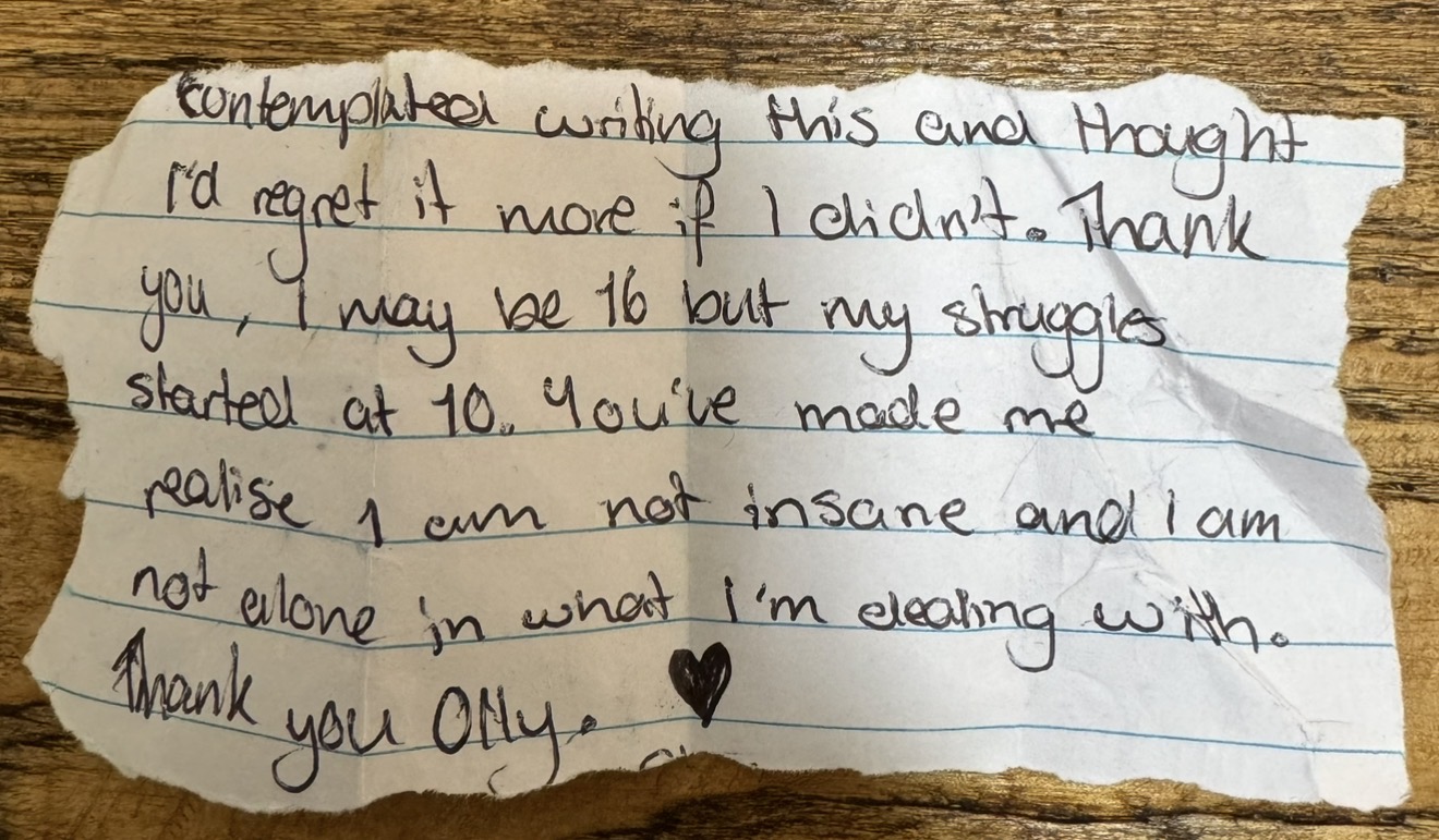 Handwritten note from a 16 year old student